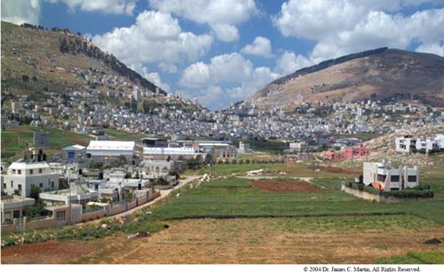 Sh'khem (Arab-occupied 'Nablus'; Mt. Gerizim left, Mt. Ebal right